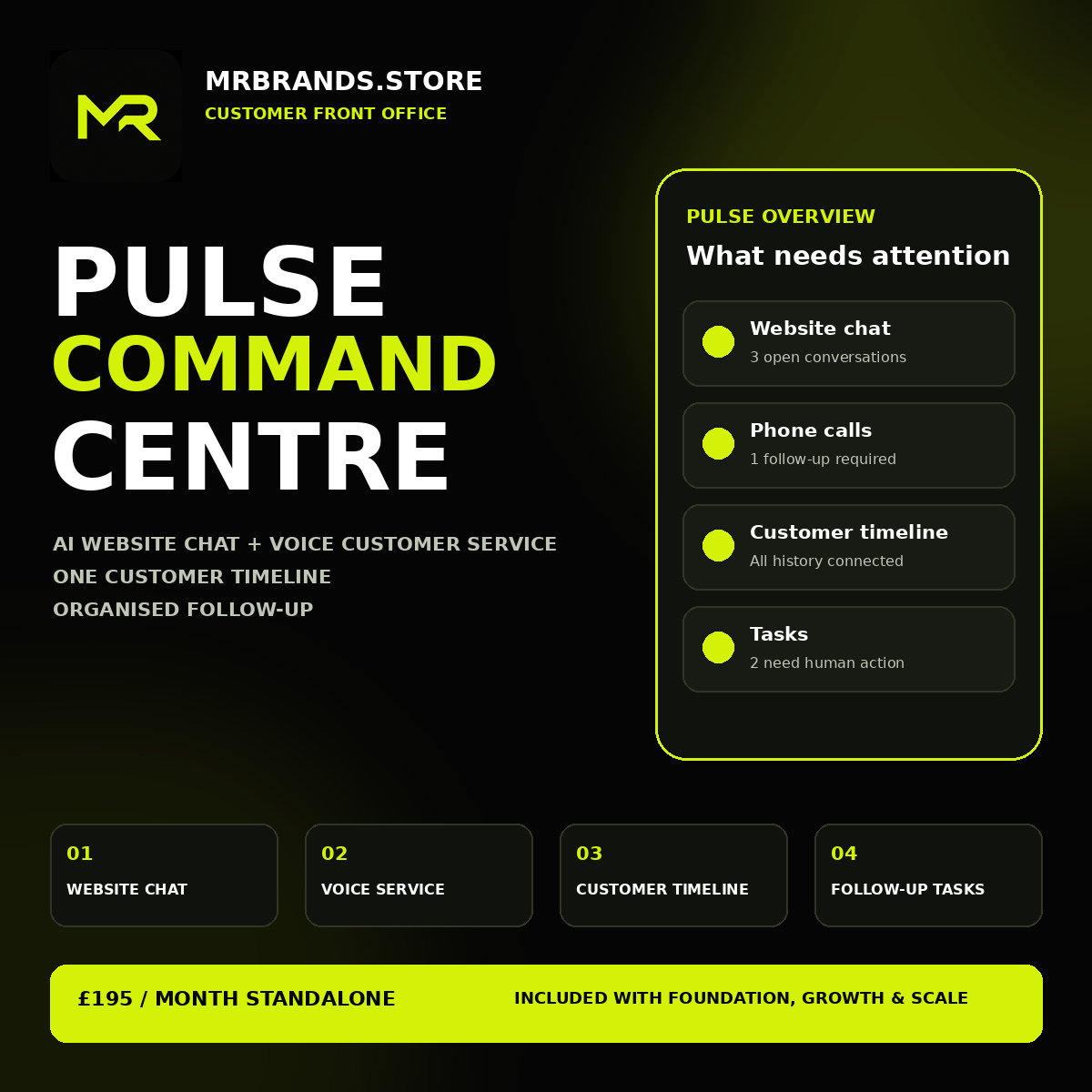 Pulse Command Centre with AI website chat, AI voice customer service, one customer timeline and organised follow-up
